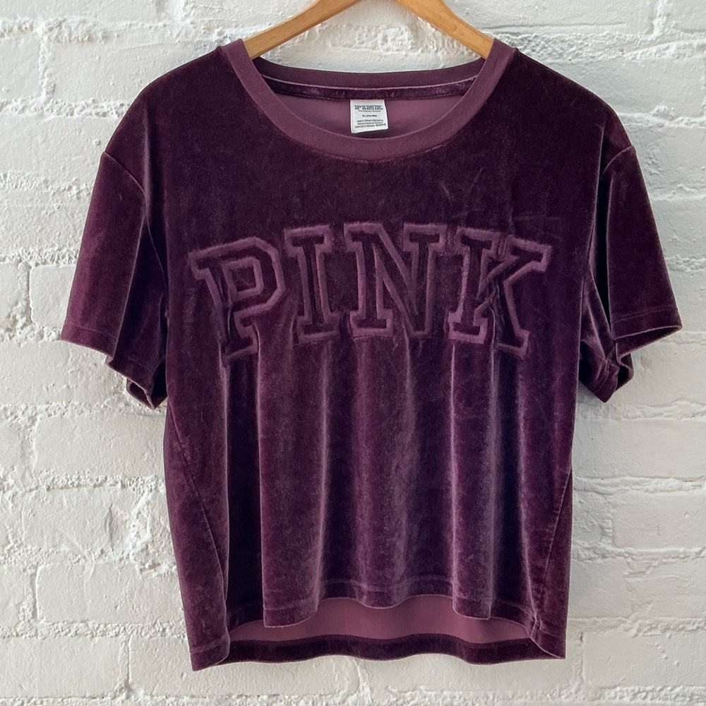 Victoria’s Secret Pink Burgundy Velour Semi-Crop Top Size M Embroidered Logo
